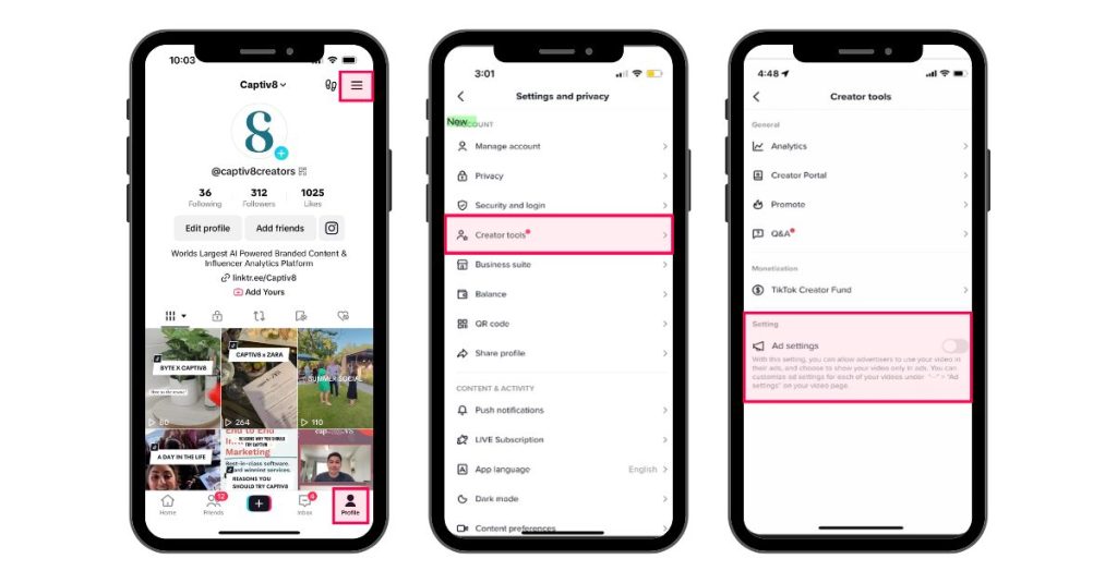 Three images showcasing how to authorize advertising on the TikTok app