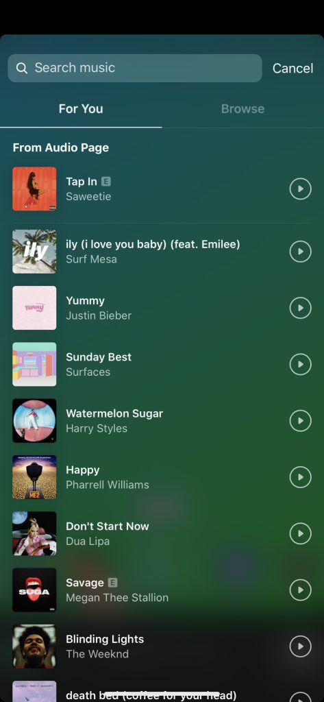 Selecting an audio on Instagram Reels