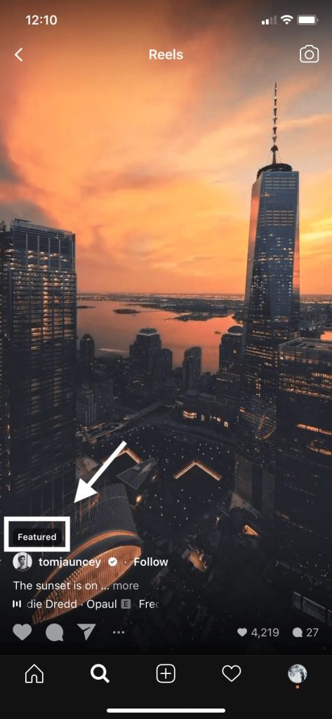 Instagram Reel with an arrow pointing to the Featured text