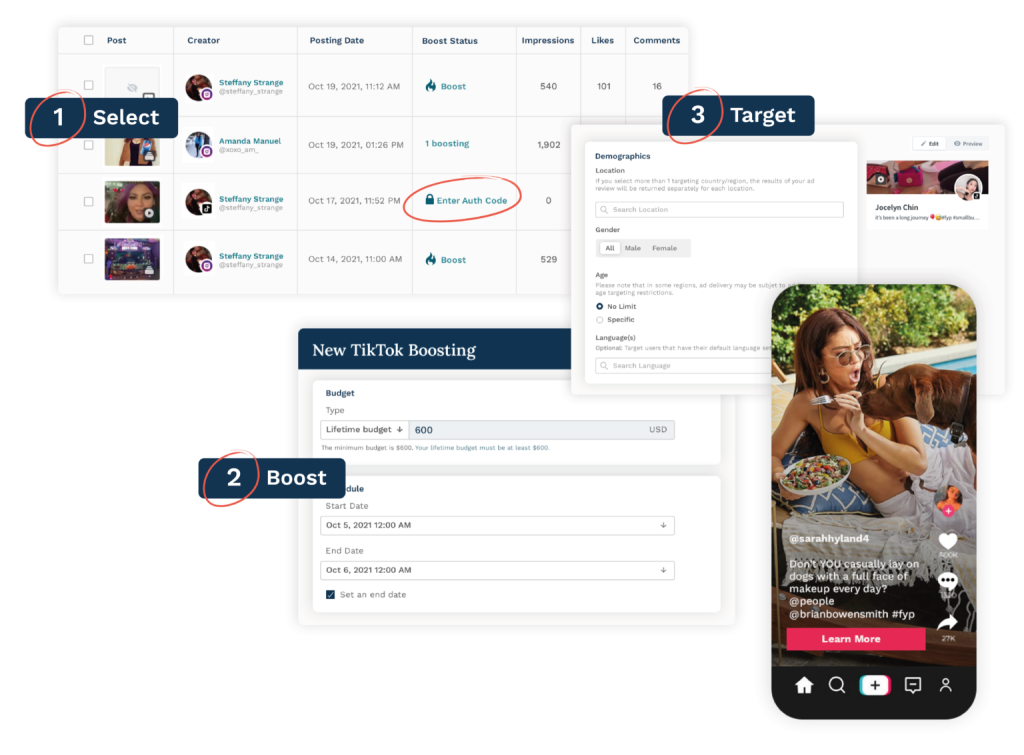 Select, Boost, Target: Process for boosting a TikTok in Captiv8's platform