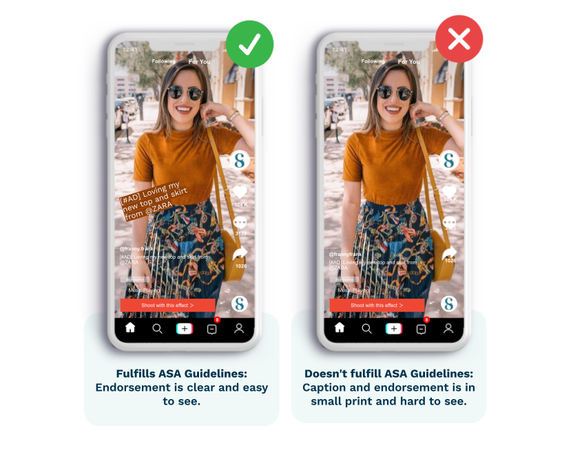 Two TikTok ads side by side. One fulfills ASA guidelines: Endorsement is clear and easy to see.
The other does not: Caption and endorsement is in small print and hard to see.