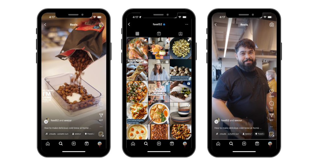 Three iPhones displaying Instagram Reels of affiliates