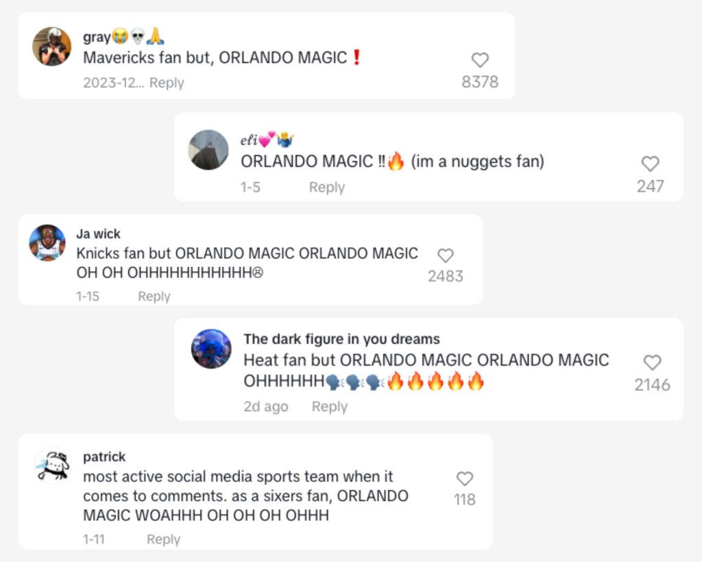 NBA fans comment on Magic's TikTok: "Mavericks fan but, ORLANDO MAGIC!" 

"ORLANDO MAGIC!! (i'm a nuggets fan)
